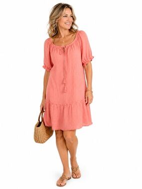 Sharagano Coral Flowy Lined Summer Boho Scoop Neck Ruffle Hem Midi Dress